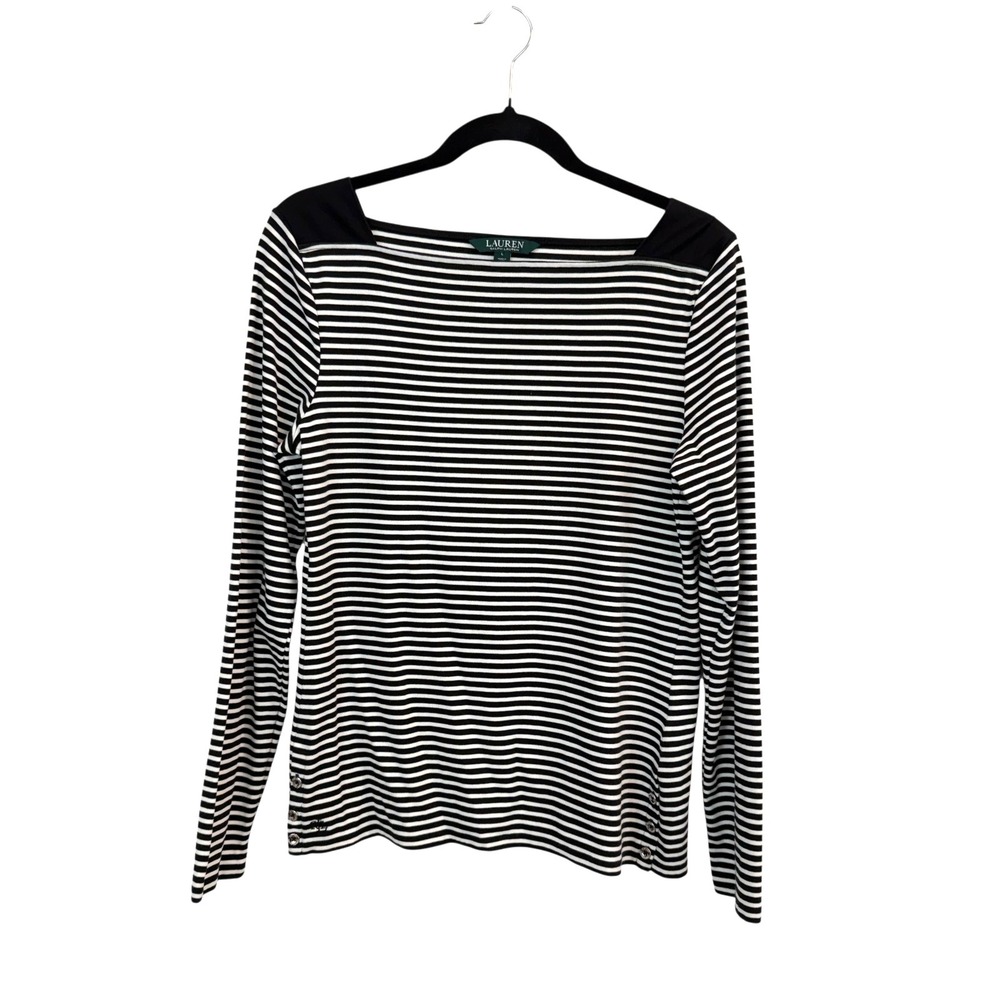 Lauren Ralph Lauren Women's L Black White Striped Boatneck Nautical Old Money